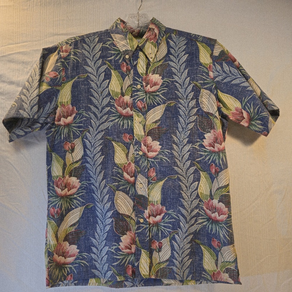Vintage Reyn Spooner Hawaiian Shirt SZ M Reverse Print Full Button Tropical Blue
